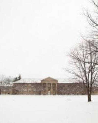 goldwin smith and arts quad in snow