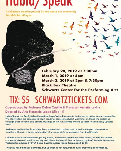 A poster advertising the play featuring a woman's profile with barbed wire on her throat and colorful birds flying from her mouth